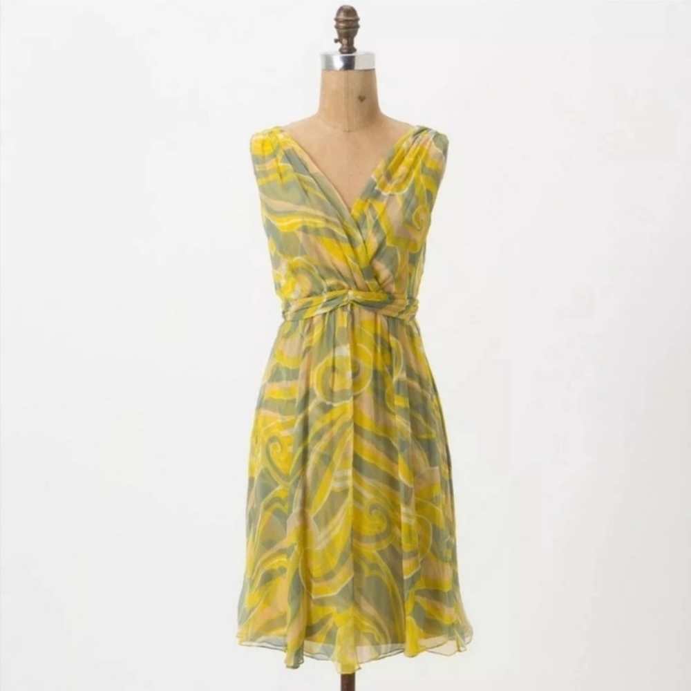 Anthropologie Postmark Silk Chiffon Yellow and Green Midi Dress Size 4